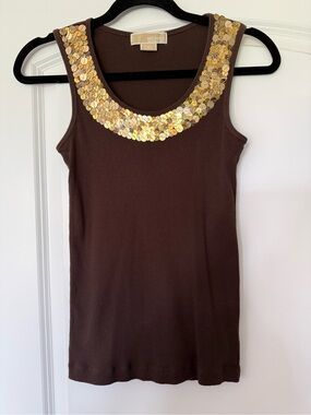 Michael Kors Brown Tank with Gold Sequin Collar